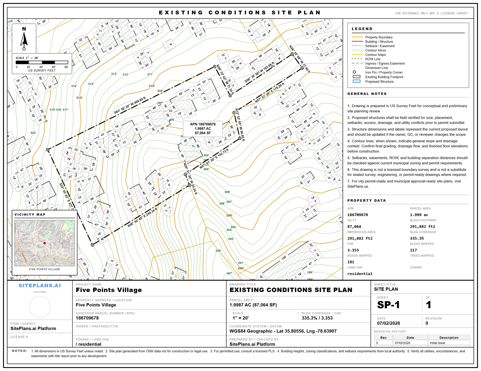 Example SitePlans.ai finished site plan title sheet