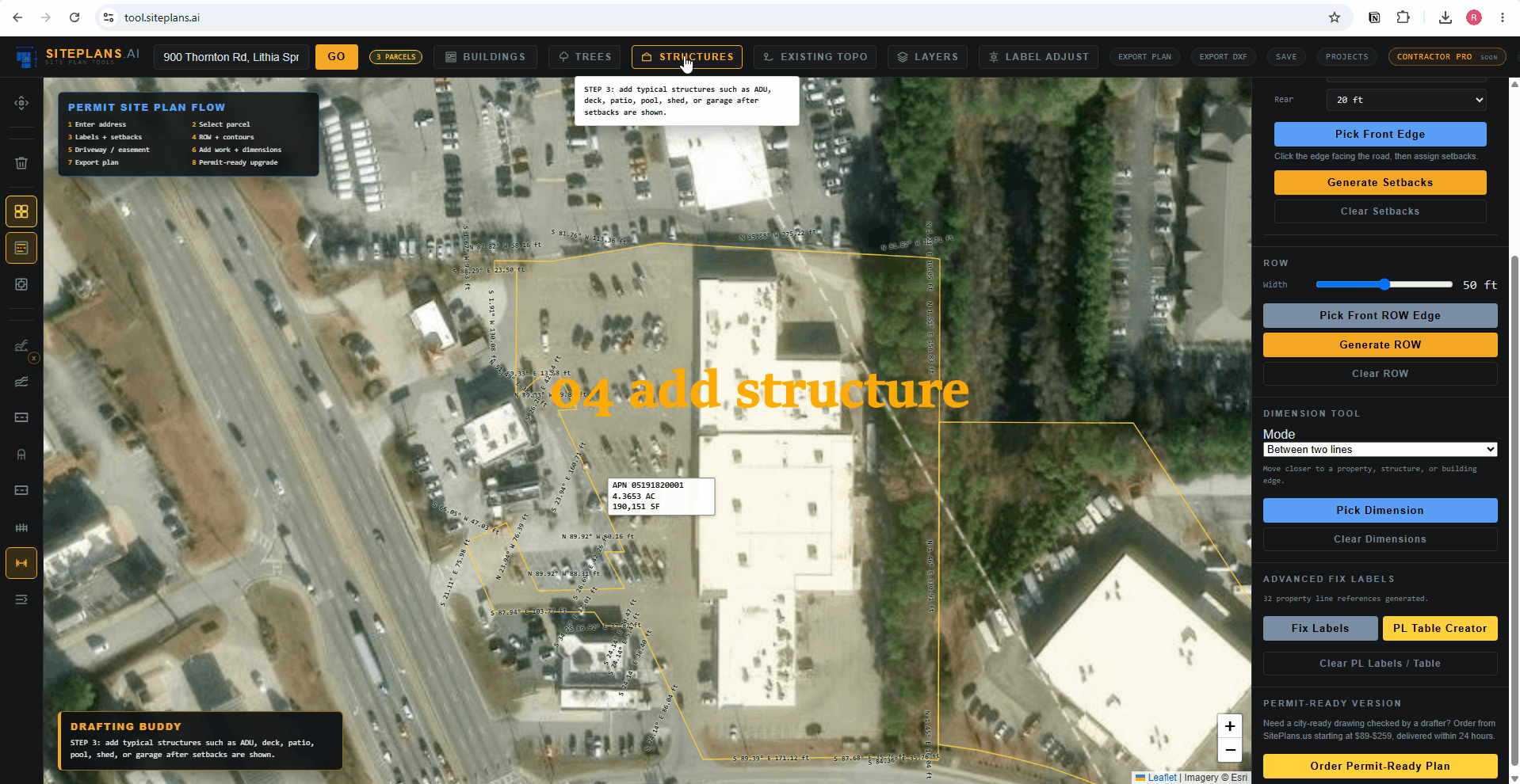 Tutorial showing how to add proposed structures and site features in SitePlans.ai